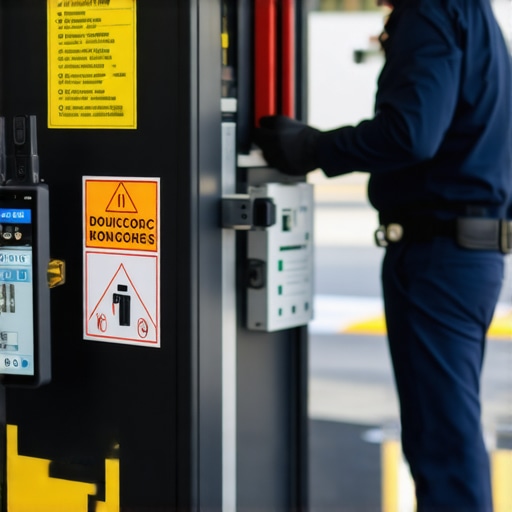 Technician inspecting vehicle safety decals and verifying digital IDs with electronic devices.