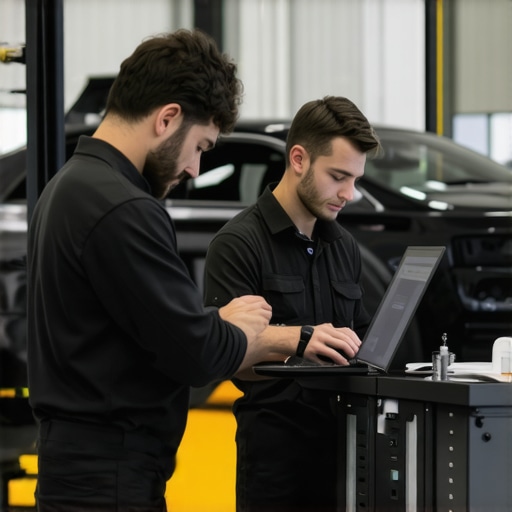 Technicians using diagnostic tools in a professional vehicle maintenance garage