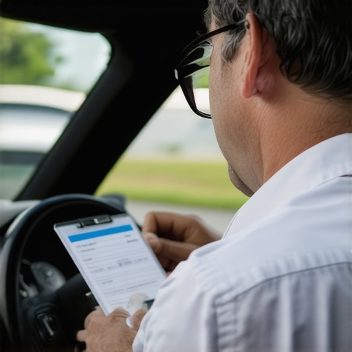 Verify the Driver's Safety Credentials Driver inspecting ID badge in a clean vehicle