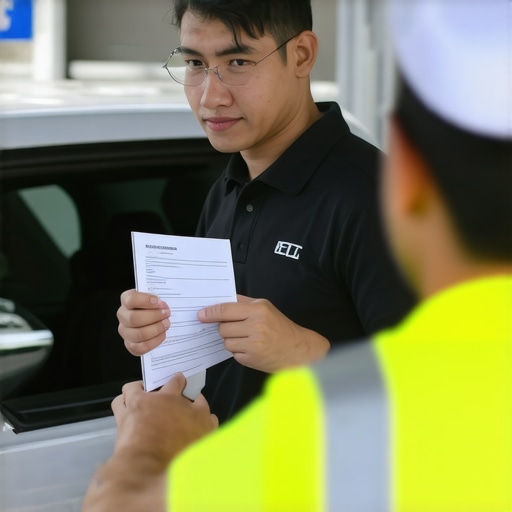 Driver displaying security badge and documents during reservation check.