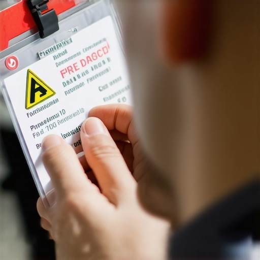A person inspecting safety decals and driver ID badge to verify authenticity before ride