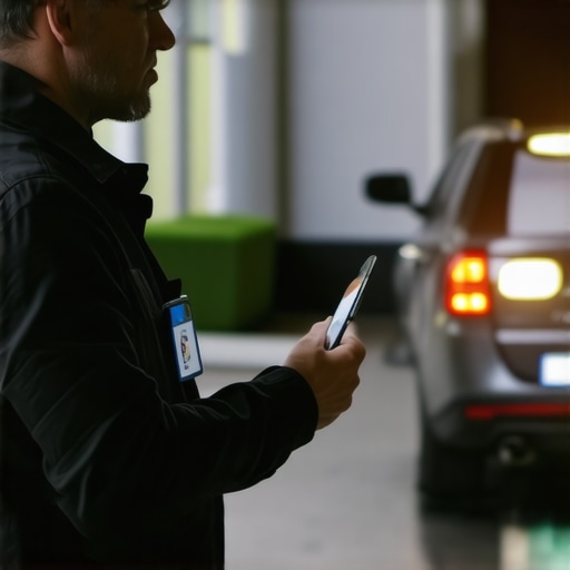 Driver displaying ID badge with vehicle in background
