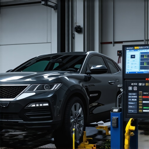 Advanced Vehicle Diagnostics in Action Technician using a diagnostic scanner on a vehicle in a modern garage