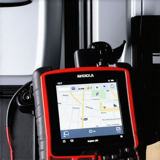 Person using a diagnostic scanner connected to a vehicle with traffic data on a tablet in the background.