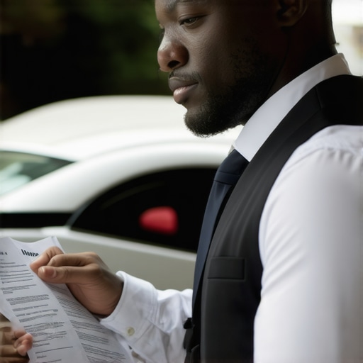 Background Check in Progress for Chauffeur Verification A chauffeur conducting background verification using documents and digital verification tools, in a professional environment.