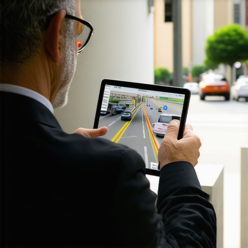 Driver Monitoring Traffic in Urban Environment A professional driver reviewing live traffic data on a digital device in a city