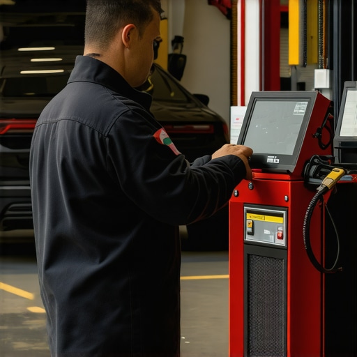 A professional driver checking vehicle diagnostics and GPS units in a well-equipped garage.