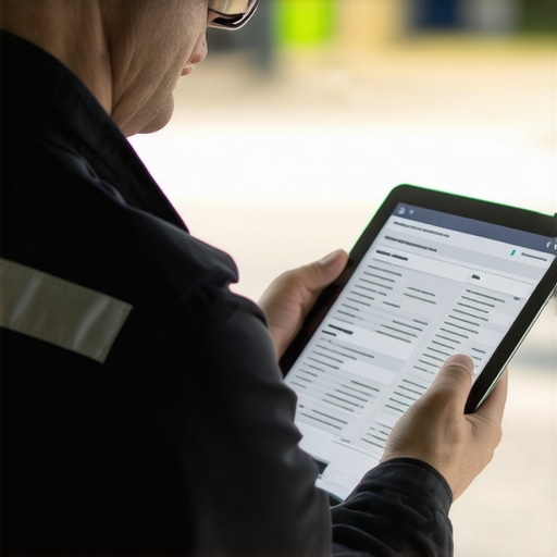 Driver Reviewing Safety Protocols A professional driver checking safety documents on a tablet, highlighting emphasis on secure and reliable service.