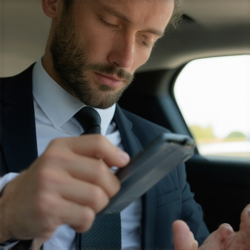 A professional driver using a smartphone to check safety credentials inside a premium car.