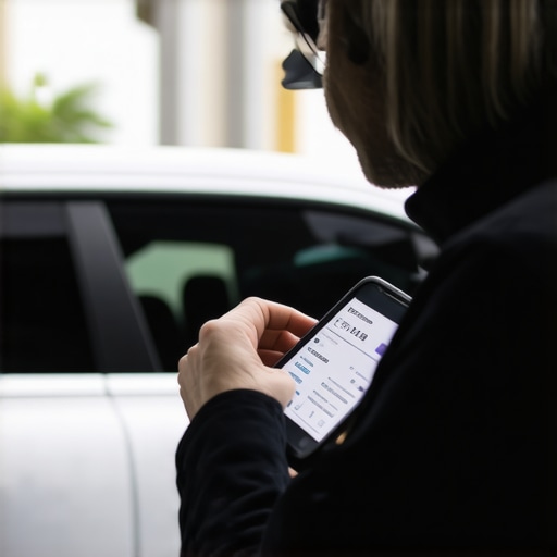 Driver checking ID and vehicle VIN in luxury car for security and authenticity