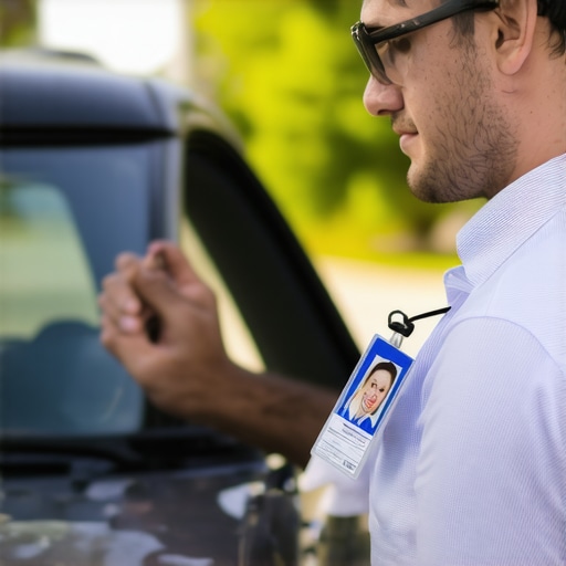 Traveler checking driver ID badge alongside vehicle