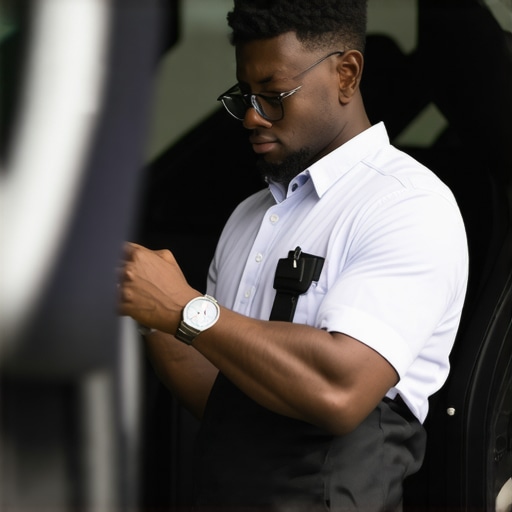 A driver inspecting vehicle documents and badge for safety and legitimacy.