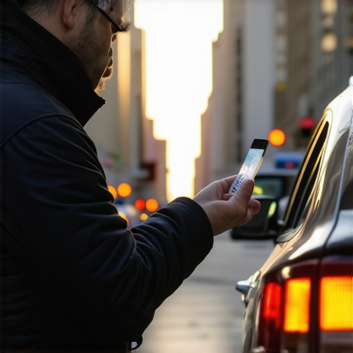 A professional driver verifying vehicle ID badge and security features in a city setting at dawn