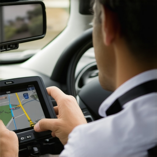 Driver using GPS navigation in a car for precise reservations.