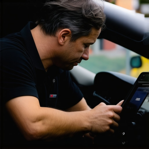 A professional driver checking a vehicle's interior and GPS system before a journey.