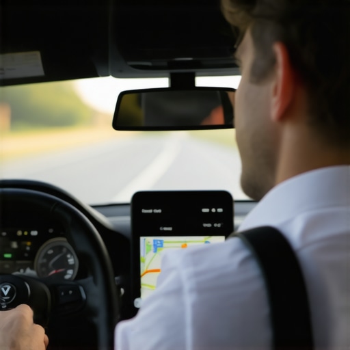 Driver verifying GPS for punctual pickup Driver confirming GPS coordinates to ensure timely arrival for a reservation