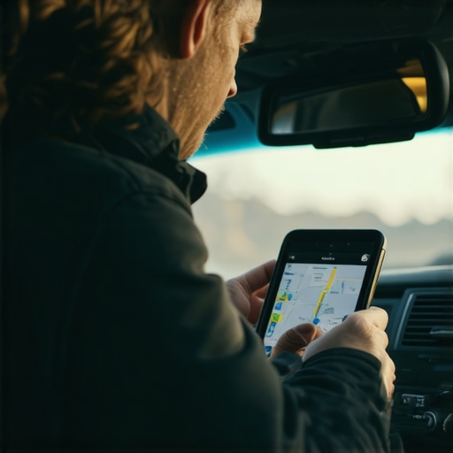 Private driver confirming route using GPS device with passenger