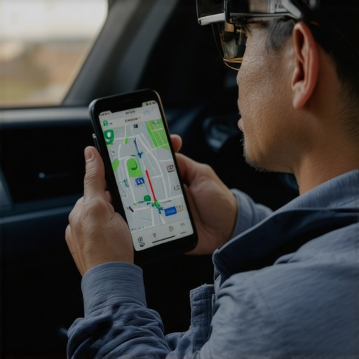 Close-up of a driver interacting with GPS in a vehicle, showcasing GPS technology used for reservation safety.