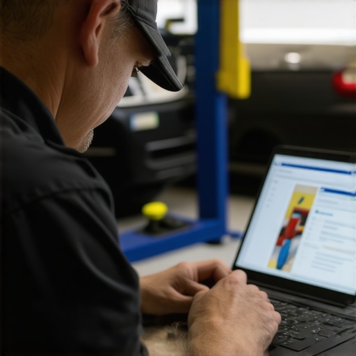 Driver managing reservations on a laptop with maintenance tools in the background