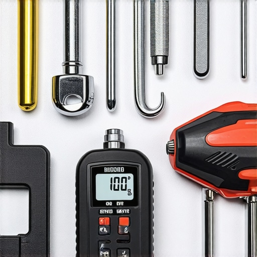 A digital tire pressure gauge, flashlight, and mirror laid out ready for vehicle inspection.