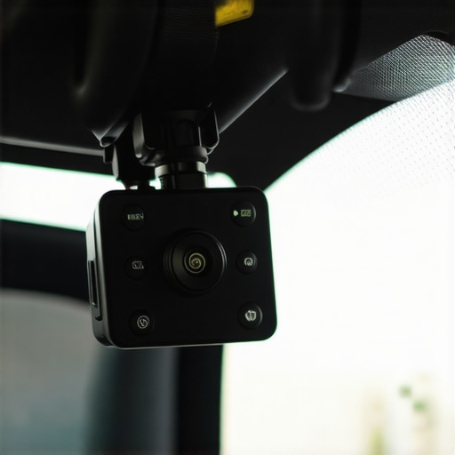 A detailed shot of a dashcam installed inside a vehicle, highlighting its features and clarity.