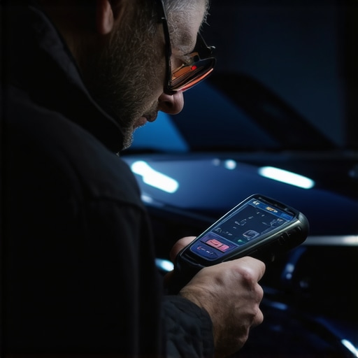 Mechanic analyzing a car's data with a high-tech scanner in a clean, well-lit garage