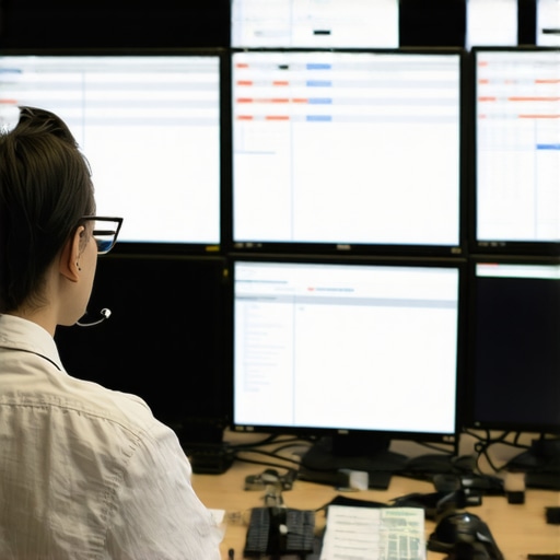 Monitoring Reservation Systems for Reliability Dispatcher analyzing reservation logs on screens to ensure system maintenance and reliability.