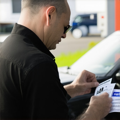Driver inspecting safety stickers on a car before passenger pickup