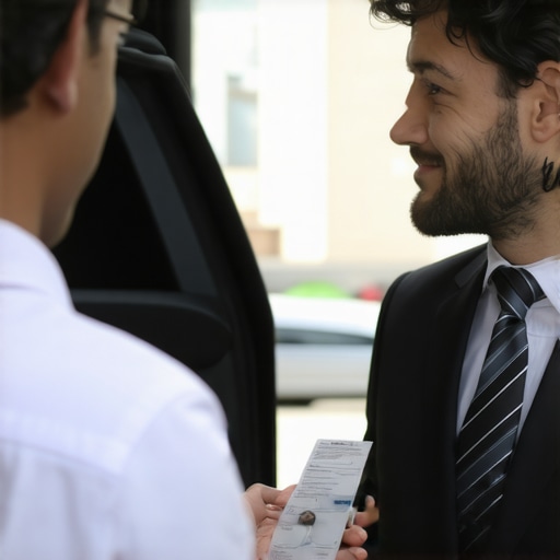 Chauffeur confirming passenger identity with ID badge in city