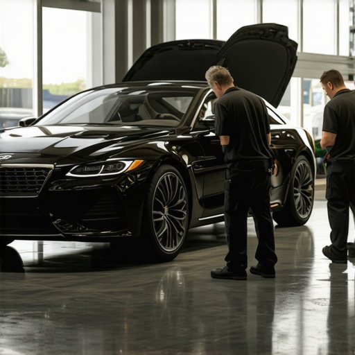 Technicians performing routine inspection on luxury vehicle with digital diagnostic tools.