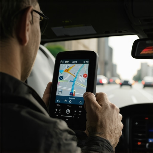 Driver using GPS to monitor traffic conditions during pickup.