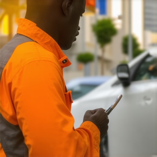 Driver inspecting car for safety before pickup