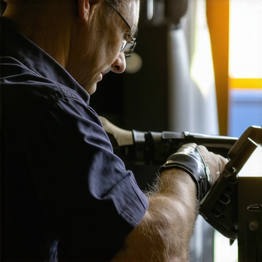 Reliable vehicle maintenance equipment in use A professional driver checking tire pressure and vehicle diagnostics in a garage with tools and devices.