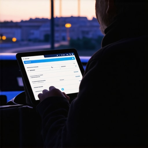 Driver verifying reservation details on a tablet in an urban setting.