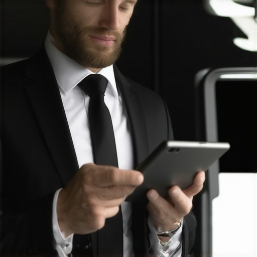A chauffeur reviewing a digital reservation in a luxury car, emphasizing safety and punctuality