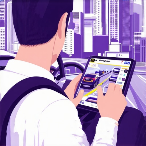 Driver monitoring real-time traffic on a tablet device in a city setting