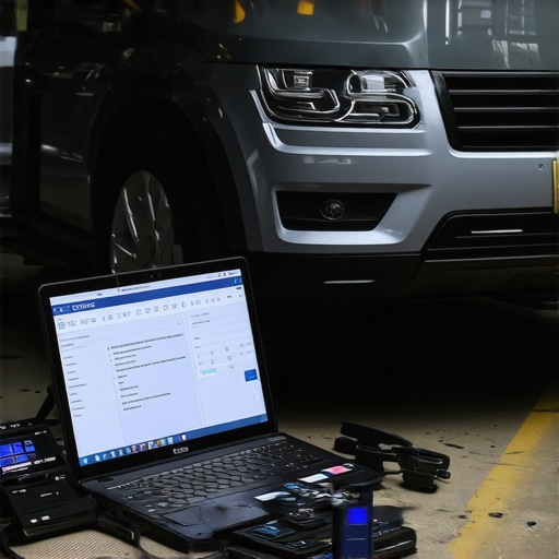 A technician inspecting a vehicle using diagnostic equipment in a modern garage