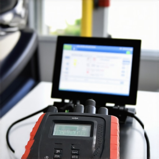 Vehicle Diagnostics Scanner in Use A mechanic using a vehicle diagnostics scanner on a modern car in a workshop.