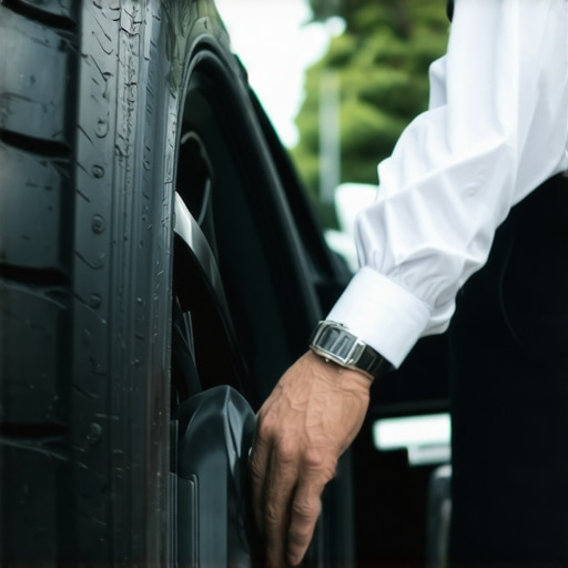 A chauffeur checking the tire pressure and interior cleanliness of a luxury car to ensure safety and professionalism.