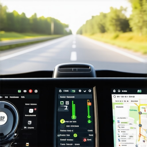 Vehicle Safety and Monitoring Systems in Action Driver’s dashboard with GPS and safety indicators