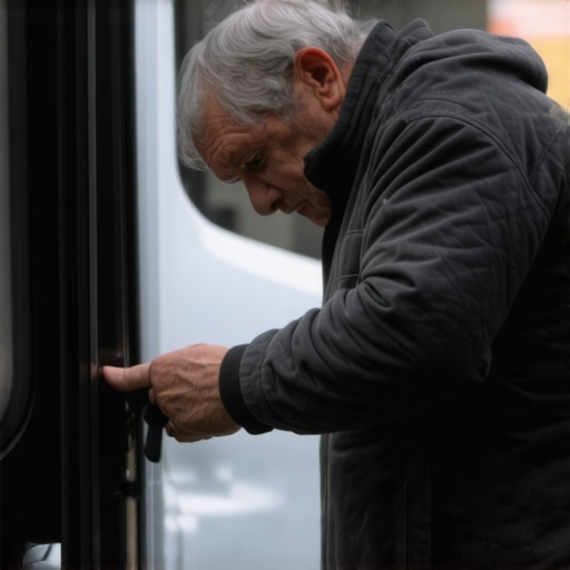 Traveler inspecting vehicle door handle for security before ride.