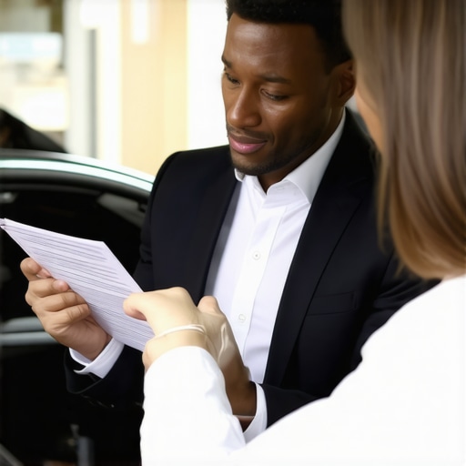 A chauffeur verifying reservation details with passenger in luxury vehicle.