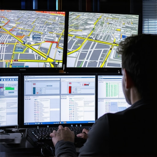 Dispatcher reviewing real-time traffic and safety alerts on multiple digital screens.