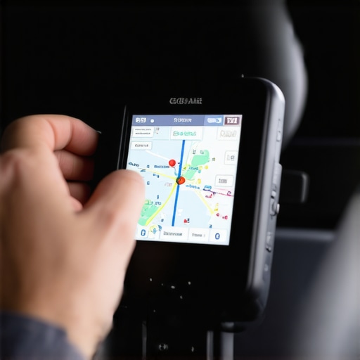 Calibrating GPS Equipment for Reliability Technician calibrating a GPS device in a car to ensure accurate navigation