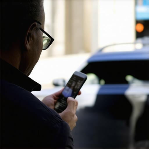Person sending a text message to a driver while waiting at a busy city street