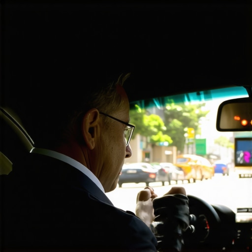 A professional driver observing signs of fatigue, sitting behind the wheel in an urban setting
