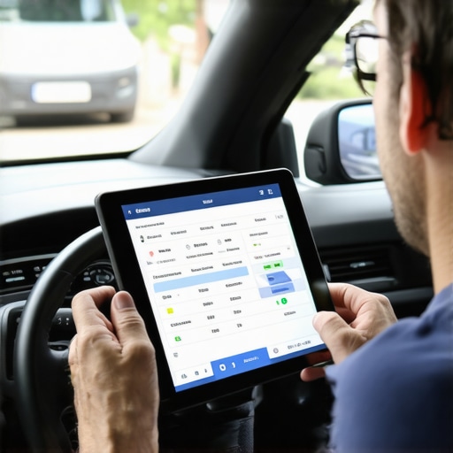 Driver Managing Reservations with Digital Tools Driver working on reservation system using tablet, illustrating modern reservation management tools.