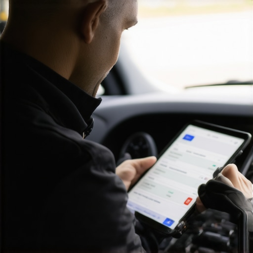 Driver verifying reservation details on a digital device inside a car.