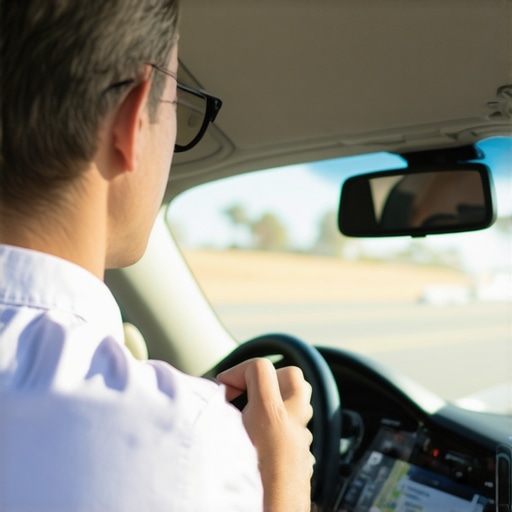 Driver verifying route on GPS in a well-lit vehicle