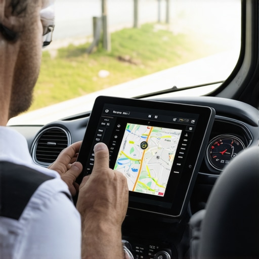 Driver Using Monitoring Tools for Safety and Punctuality A driver reviewing vehicle safety and route data on a digital device.